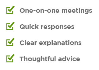 A graphic featuring a checklist of criminal law advice and expectations: 1) One-on-one meetings 2) Quick responses 3) Clear explanations 4) Thoughtful advice